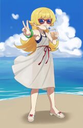  1girl absurdres armpits bare_arms bare_legs bare_shoulders beach blonde_hair blue_sky blush_stickers bow bracelet bubble_tea clouds collarbone cup day disposable_cup dress dress_flip dress_ribbon drinking drinking_straw drinking_straw_in_mouth fingernails flat_chest flipped_hair footwear_bow full_body hair_between_eyes hair_flaps highres holding holding_cup horizon jewelry light_blush long_hair looking_at_viewer monogatari_(series) ocean one-piece_swimsuit oshino_shinobu outdoors outstretched_arm pointy_ears red-framed_eyewear red_bow red_ribbon ribbon ricman_rt sand sandals school_swimsuit see-through_silhouette shadow shoes sidelocks single_blush_sticker sky sleeveless sleeveless_dress smile solo standing sundress sunglasses swimsuit swimsuit_under_clothes toenails v very_long_hair white_dress white_shoes 