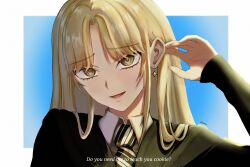  1girl absurdres amanogawa_shiina auricmumer black_robe blonde_hair blue_background border collared_shirt commentary cosplay diagonal-striped_clothes diagonal-striped_necktie earrings english_commentary english_text green_eyes green_necktie hand_on_own_ear harry_potter_(series) highres hogwarts_school_uniform jewelry long_hair malfoid malfoid_(cosplay) necktie open_mouth outside_border parted_bangs phase_connect portrait raised_inner_eyebrows robe school_uniform shirt slytherin solo striped_clothes striped_necktie virtual_youtuber white_border white_necktie white_shirt wizarding_world 