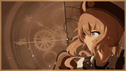 1girl absurdres cheyanne_(girls'_frontline_2) clock clock_hands gears girls'_frontline_2:_exilium girls_frontline hat highres looking_at_another m200_(girls'_frontline) roman_numeral solo user_yyaz8477 