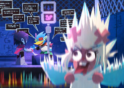  1boy 1girl 1other absurdres androgynous animal_ears antenna_hair antlers berdly_(dark_world)_(deltarune) berdly_(deltarune) bird_boy black_eyes black_hair blonde_hair blue_skin buck_teeth cape cloak colored_skin commentary_request deer_ears deltarune furry furry_female furry_male gauntlets highres horns kris_(dark_world)_(deltarune) kris_(deltarune) long_hair looking_at_another noelle_holiday noelle_holiday_(dark_world) open_mouth red_cape reindeer_antlers reindeer_girl short_hair smile speech_bubble teeth upper_teeth_only utdr_(toby_fox) watawata22 white_cloak 
