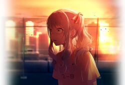  1other akiyama_mizuki backlighting game_asset hair_ribbon highres keikyoku_no_machi_wa_doko_e_(project_sekai) long_hair looking_ahead official_art on_rooftop other_focus outdoors pink_hair print_shirt project_sekai ribbon rooftop shirt short_sleeves side_ponytail sidelocks solo sunset surprised sweatdrop t-shirt third-party_source upper_body wide-eyed yellow_shirt 