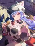  1girl :o bangs blue_hair blush breasts catura_(granblue_fantasy) cow_hat from_above granblue_fantasy highres ice_cream_cone large_breasts looking_at_viewer nino_(shira) outstretched_hand sitting solo thigh-highs thighs violet_eyes wide_sleeves 