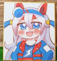  1girl animal_ears blue_eyes blue_jacket blue_tank_top blush chibi commentary_request cropped_shirt fang hairband hatsune_(pumpkin_pie) highres horse_ears horse_girl jacket looking_at_viewer marker_(medium) photo_(medium) shikishi shirt smile solo tamamo_cross_(fast_as_lightning)_(umamusume) tamamo_cross_(umamusume) tank_top traditional_media umamusume upper_body white_background white_hair 