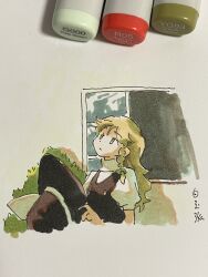  1girl art_tools_in_frame black_hat black_vest blonde_hair bow braid commentary green_bow hair_bow hat highres holding holding_unworn_clothes holding_unworn_hat kirisame_marisa long_hair looking_up marker marker_(medium) puffy_short_sleeves puffy_sleeves shiratama_(hockey) shirt short_sleeves side_braid signature single_braid solo touhou traditional_media unworn_hat unworn_headwear vest white_shirt witch_hat yellow_eyes 