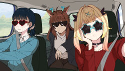  3girls :t ahoge animal_ears black_choker black_jacket black_ribbon blonde_hair blue-framed_eyewear blue_hair blue_sweater brown_hair brown_pants car_interior choker closed_mouth collarbone collared_shirt commentary_request day dress_shirt fumi_(nijisanji) hair_ornament hair_ribbon hairclip hand_up heart heart-shaped_eyewear highres hoshikawa_sara jacket long_hair long_sleeves multicolored_hair multiple_girls nijisanji open_clothes open_jacket pants pixel_sunglasses red-framed_eyewear red_shirt ribbon seatbelt shirt sitting sleeves_past_wrists smile star-shaped_eyewear star_(symbol) streaked_hair sunglasses sweater twintails virtual_youtuber white_shirt x_hair_ornament yamagami_karuta yowayowap 