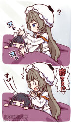  2girls ? afterimage alternate_costume blank_eyes blue_eyes brown_hair closed_mouth columbina_(genshin_impact) commentary_request expressionless genshin_impact haruneharu hat highres long_hair long_sleeves looking_at_another mob_cap multiple_girls open_mouth peeking_out profile sandrone_(genshin_impact) shirt sleepwear sound_effects speech_bubble straight_hair surprised translation_request under_covers white_shirt 