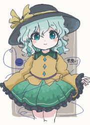  1girl artist_name azuma_meri black_hat blush bow buttons closed_mouth collared_shirt commentary_request diamond_button disembodied_linked_eye eyeball frilled_shirt_collar frilled_skirt frilled_sleeves frills green_eyes green_hair green_skirt hat hat_bow komeiji_koishi long_sleeves looking_at_viewer shirt skirt smile solo touhou wide_sleeves yellow_bow yellow_shirt 