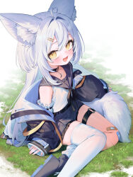  1girl ahoge animal_ear_fluff animal_ears asymmetrical_legwear bandaid bandaid_on_knee bandaid_on_leg black_choker black_neckerchief black_shoes choker commission fangs flat_chest fox_ears fox_tail frilled_sleeves frills grey_sailor_collar grey_skirt hair_intakes hair_ornament hairclip highres jacket jacket_partially_removed long_hair looking_at_viewer mismatched_legwear neckerchief o-ring o-ring_choker on_ground open_clothes open_jacket open_mouth original parallel_hairclips sailor_collar shirt shoes sidelocks skeb_commission skin_fangs skirt sleeves_past_wrists socks solo tail thigh-highs thigh_strap tofu1601 very_long_hair white_hair white_shirt white_socks white_thighhighs yellow_eyes 