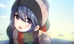  1girl :d beanie blue_hair hat mint_(mintlemonade3) outdoors portrait scarf shima_rin sky smile solo violet_eyes yurucamp 
