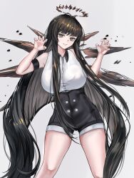  1girl absurdres alternate_breast_size_(larger) arknights arm_strap bare_shoulders black_eyes black_hair black_halo black_shorts breasts chinese_commentary claw_pose collared_shirt commentary_request contrast_collar cowboy_shot detached_wings diamond-shaped_pupils diamond_(shape) fingernails grey_background halo hands_up high-waist_shorts highres huge_breasts long_hair long_sidelocks looking_at_viewer mixed-language_commentary mole mole_under_eye quta shirt shorts sidelocks simple_background sleeveless sleeveless_shirt smile solo standing symbol-shaped_pupils very_long_hair very_long_sidelocks virtuosa_(arknights) white_shirt wings yellow_pupils 
