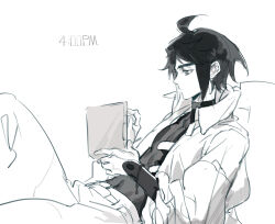  1boy ahoge bodysuit bracelet commentary from_side greyscale gundam gundam_tekketsu_no_orphans highres holding holding_tablet_pc jacket jewelry long_sleeves male_focus mikazuki_augus monochrome open_clothes open_jacket pants short_hair simple_background sitting sleeves_rolled_up solo sumooo_(ga_ilil) tablet_pc timestamp white_background 