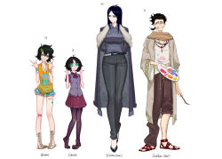  1boy 3girls absurdres aged_down aierlaobo arms_behind_back ascot asymmetrical_legwear asymmetrical_sidelocks bandaid bandaid_on_knee bandaid_on_leg bead_necklace beads black_boots black_hair black_pants black_pantyhose blue_shorts boots breasts brooch brown_pants brown_scarf coat connie_(the_coffin_of_andy_and_leyley) crescent design_speculation dirty dirty_clothes dress facial_hair family father_and_child father_and_daughter flat_chest full_body fur-trimmed_coat fur_trim gladiator_sandals green_eyes grin gustav_halloway hair_ornament hairclip height_difference highres holding holding_paint_palette holding_paintbrush husband_and_wife jewelry large_breasts leg_hair long_hair low_ponytail messy_hair mother_and_child mother_and_daughter multiple_girls multiple_hairclips multiple_necklaces mustache necklace open_collar overcoat paint_palette paintbrush pants pantyhose parent_and_child ponytail purple_ascot purple_coat purple_sweater purple_vest red_dress renee_graves renee_graves'_mother round_eyewear sandals scarf shin_guards shirt shirt_tucked_in short_shorts shorts siblings sidelocks simple_background sisters smile standing sweater sweater_tucked_in tank_top tassel_necklace the_coffin_of_andy_and_leyley tiptoes vest white_background white_shirt wide_sleeves yellow_eyes yellow_tank_top 
