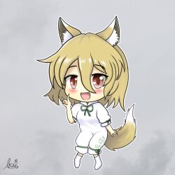  1girl :d animal_ear_fluff animal_ears artist_name balbon blonde_hair blush breasts chibi chibi_only commentary_request fang fox_ears fox_girl fox_tail green_ribbon grey_background hair_between_eyes hand_up knees_together_feet_apart kudamaki_tsukasa long_hair_between_eyes looking_at_viewer medium_hair no_nose open_mouth outline pigeon-toed red_eyes ribbon romper short_sleeves signature simple_background sleeve_ribbon small_breasts smile socks solo split_mouth standing tail touhou white_outline white_romper white_socks 