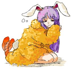  1girl :3 alternate_costume animal_ears closed_mouth commentary english_commentary food food_costume full_body half-closed_eyes hand_up highres kyyubea leaning_forward long_hair looking_at_viewer purple_hair rabbit_ears rabbit_girl rabbit_tail red_eyes reisen_udongein_inaba seiza shrimp shrimp_tempura simple_background sitting smile solo squeans tail tempura tempura_costume touhou turning_head very_long_hair white_background 