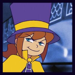  1girl :t a_hat_in_time asgore_running_over_dess_(meme) ben-day_dots blue_eyes brown_hair cape child closed_mouth commentary english_commentary game_screenshot_background hair_tie hat hat_kid hat_ribbon highres hitdhits jacket long_hair looking_at_viewer meme open_season ponytail portrait purple_hat purple_jacket ribbon screenshot_background screentones sidelocks smile solo top_hat yellow_cape yellow_ribbon zipper_pull_tab 