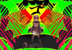  1girl :d adapted_hairstyle aiguillette artist_name audio_visualizer_hair black_boots black_hat boots brown_jacket buttons clenched_hands commentary_request constricted_pupils double-breasted double-parted_bangs glint green_background hair_between_eyes hat highres jacket jaggy_lines kasane_teto looking_at_viewer megaphone military_hat oto_chicchaku_ne?_(synthesizer_v) partially_shaded_face peaked_cap red_hair shiku_sik shoulder_boards side_ahoge signature smile solo sound_wave synthesizer_v thigh_boots utau zettai_ryouiki 