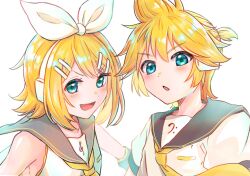  1boy 1girl aqua_eyes bass_clef black_sailor_collar black_sleeves blonde_hair blue_eyes bow breasts brother_and_sister detached_sleeves fang hair_bow hair_ornament hairclip headphones highres kagamine_len kagamine_rin looking_at_viewer namazakana_yeah neckerchief necktie open_mouth parallel_hairclips ponytail sailor_collar shirt short_hair short_ponytail siblings simple_background skin_fang sleeveless sleeveless_shirt small_breasts treble_clef upper_body vocaloid white_background white_bow white_shirt yellow_neckerchief yellow_necktie yellow_trim 