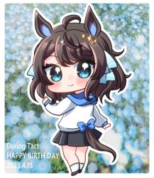  1girl 2023 ahoge animal_ears birthday black_hair black_skirt blue_eyes blush character_name chibi commentary_request daring_tact_(umamusume) dated floral_background from_behind full_body happy_birthday hatsune_(pumpkin_pie) hood hoodie horse_ears horse_girl horse_tail looking_at_viewer looking_back medium_hair skirt solo tail umamusume white_hoodie 