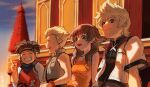  1girl 3boys black_hair blonde_hair blue_eyes blue_scarf breasts brown_hair closed_eyes gloves green_eyes grey_vest grin hair_between_eyes hair_slicked_back hayner headband highres jacket jersey jewelry kingdom_hearts kingdom_hearts_ii long_hair looking_afar looking_at_another medium_breasts multiple_boys nanpou_(nanpou0021) necklace olette open_mouth orange_tank_top outdoors pence plump pointing roxas scarf short_hair short_sleeves sitting smile spiky_hair tank_top teeth tower upper_body vest white_jacket 