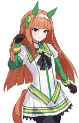  1girl animal_ears black_bow black_gloves black_pantyhose blue_eyes blunt_bangs blush bow closed_mouth ear_covers gloves gnu36 green_sailor_collar green_sleeves hairband highres hime_cut horse_ears horse_girl horse_tail long_hair long_sleeves looking_at_viewer orange_hair orange_tail pantyhose pleated_skirt sailor_collar silence_suzuka_(innocent_silence)_(umamusume) silence_suzuka_(umamusume) simple_background skirt smile solo tail umamusume white_background white_hairband white_skirt 