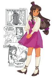 2girls ace_attorney beads black_hair black_shoes borrowed_clothes commentary doughzzu dress dress_shirt english_commentary english_text franziska_von_karma full_body hair_beads hair_ornament high_heels highres long_hair long_sleeves maya_fey multiple_girls purple_dress shirt shirt_under_dress shoes smile socks speech_bubble white_shirt white_socks 