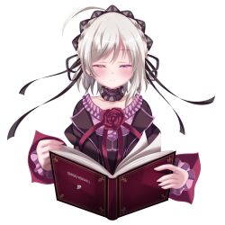  1girl ahoge artist_self-insert black_choker black_dress black_hairband black_ribbon blush book choker closed_eyes closed_mouth collarbone colored_eyelashes commentary_request cosplay cropped_torso dress dress_flower facing_viewer flower frilled_choker frilled_dress frilled_sleeves frills gothic_lolita hair_ribbon hairband hands_up hapymaher highres holding holding_book juliet_sleeves lolita_fashion long_ribbon long_sleeves medium_hair naitou_maia naitou_maia_(cosplay) open_book original osaka_nanoka puffy_sleeves red_flower red_rose ribbon rose simple_background smile solo split_mouth upper_body white_background white_hair wide_sleeves 