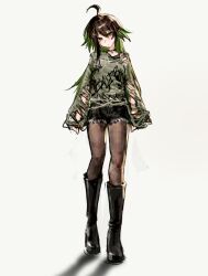  1girl ahoge alternate_costume bajiru_(vtuber) black_boots black_choker black_hair black_pantyhose black_shorts black_tank_top boots character_name choker cross cutoffs denim denim_shorts full_body green_eyes green_hair green_shirt hair_between_eyes hair_ornament head_tilt indie_virtual_youtuber knee_boots long_sleeves looking_at_viewer mn374390 multicolored_hair pantyhose pendant_choker print_shirt shadow shirt shorts simple_background sleeves_past_wrists solo standing tank_top torn_clothes torn_shirt two-tone_hair virtual_youtuber white_background 