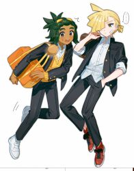  ... 2boys alternate_costume bag black_jacket black_pants blonde_hair brown_bag collared_shirt dark-skinned_male dark_skin ear_piercing fua1heyvot4ifsr full_body gladion_(pokemon) green_eyes green_hair grey_eyes hair_over_one_eye hau_(pokemon) highres holding holding_bag jacket looking_at_another looking_at_viewer malasada male_focus multiple_boys open_mouth orange_bag pants piercing pokemon pokemon_sun_and_moon ponytail red_shoes shirt shoes short_ponytail simple_background standing surprised sweater_vest white_background white_shirt white_shoes yellow_sweater_vest 