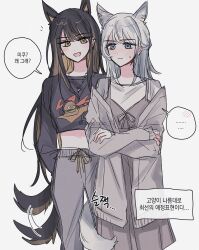  2girls animal_ears bang_dream! bang_dream!_our_notes black_hair black_shirt blue_eyes brown_hair cardigan colored_inner_hair commentary_request crossed_arms dangmoo_17 dog_ears dog_girl dog_tail dress fang grey_cardigan grey_dress grey_hair grey_pants highres kemonomimi_mode korean_commentary korean_text long_hair long_sleeves mahashi_miku multicolored_hair multiple_girls open_mouth pants pink_hair shirt simple_background suga_raika tail tail_around_another's_leg tail_wagging tail_wrap translation_request white_background 