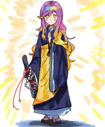  1girl aura beads blonde_hair blush commentary_request dress gradient_hair highres hijiri_byakuren holding holding_prayer_beads holding_sword holding_weapon layered_dress long_hair long_sleeves looking_at_viewer multicolored_hair oru_(knktoru) prayer_beads purple_hair sandals sheath sheathed smile socks solo sword touhou weapon white_socks wide_sleeves yellow_eyes 