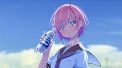  1girl aqua_eyes bangs blush bottle brown_sailor_collar clouds day highres holding holding_bottle inaka_keikou looking_at_viewer neckerchief nijisanji outdoors pink_hair sailor_collar school_uniform serafuku shirt short_hair short_sleeves sky smile solo upper_body virtual_youtuber water_bottle white_shirt yuuhi_riri 