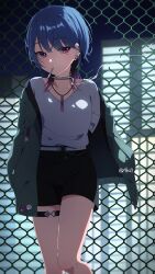  1girl akashi_(4kc_27) belt black_skirt blue_hair building chain-link_fence collarbone commentary ear_piercing earclip earrings fence gradient_hair green_jacket highres jacket jellyfish_cut jewelry koshimizu_toru koshimizu_toru_(3rd_costume) mole mole_under_eye mouth_hold multicolored_hair necklace night nijisanji open_clothes open_jacket outdoors piercing shirt skirt sky smoke smoke_trail smoking solo standing t-shirt thigh_strap twitter_username violet_eyes virtual_youtuber white_belt white_shirt 