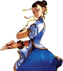  1girl andrewcockroach ass bracelet brown_eyes brown_hair chinese_clothes chun-li double_bun dress earrings eyeshadow fighting_stance gold_trim hair_bun highres jewelry makeup pelvic_curtain qipao ribbon slit_pupils solo street_fighter street_fighter_6 thick_thighs thighs white_background yellow_ribbon 