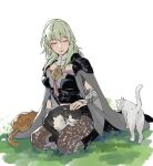  1girl abinosu0903 armor boots breasts byleth_(fire_emblem) byleth_eisner_(female) cat fire_emblem fire_emblem:_three_houses green_hair headpat jacket lap_pillow large_breasts pantyhose shorts shoulder_armor sitting smile 