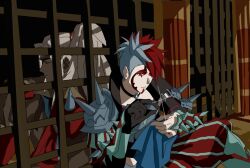  2boys arm_spikes armor bertrand_brunhild black_facepaint clown_makeup commentary_request dark-skinned_male dark_skin dreadlocks facepaint fire_emblem fire_emblem:_fortune's_weave full_face_makeup glint holding holding_needle holding_sewing_needle jester_(fire_emblem) male_focus multiple_boys needle pandorobo22 pauldrons ponytail prison_cell puffy_pants sewing sewing_needle shoulder_armor spiked_pauldrons spikes white_facepaint white_hair 