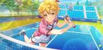  1boy afterl!fe bleachers blonde_hair blush ell_(afterl!fe) highres looking_at_viewer male_focus official_art playing_sports racket second-party_source short_hair short_sleeves shorts smile solo tennis tennis_court tennis_racket yellow_eyes 