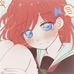  1girl blue_eyes blush brown_dress col_person commentary drawn_whiskers dress hair_ornament hasu_no_sora_school_uniform highres kinjo_maika long_hair looking_at_viewer love_live! love_live!_hasu_no_sora_jogakuin_school_idol_club portrait red_hair sailor_collar sailor_dress school_uniform solo speech_bubble squiggle sweatdrop untranslatable_commentary white_sailor_collar winter_uniform 