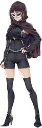  1girl artist_request black_boots black_bridal_gauntlets black_shirt black_shorts boots breasts bridal_gauntlets brown_capelet brown_hair capelet expressionless full_body game_asset hand_on_own_hip high_heel_boots high_heels hood hood_up hooded_capelet long_sleeves looking_at_viewer mask medium_breasts mouth_mask official_art queen's_shadow_(tate_no_yuusha_no_nariagari) shirt short_hair short_shorts shorts simple_background skindentation solo standing tate_no_yuusha_no_nariagari tate_no_yuusha_no_nariagari_rise thigh_boots transparent_background underbust zettai_ryouiki 