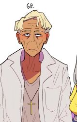  1boy 1girl asymmetrical_hair blonde_hair character_request closed_mouth collarbone commentary constricted_pupils cross cross_pendant cyberpunk:_edgerunners cyberpunk:_edgerunners_2 cyberpunk_(series) english_commentary forehead frown grey_shirt highres jacket jewelry latin_cross looking_at_viewer male_focus mrgreeenart necklace numbers_above_head old old_man open_clothes open_jacket pocket shirt short_hair sidecut simple_background solo_focus straight-on thumbnail_collage undercut upper_body very_short_hair white_background white_jacket 