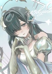  1girl bare_shoulders blue_background blue_eyes blue_shawl breasts character_name commentary_request detached_sleeves dress elbow_gloves fins flower genshin_impact gloves green_hair hair_flower hair_ornament hair_over_one_eye hands_up head_fins instrument jewelry looking_at_viewer lyre medium_breasts mipa_000 necklace official_alternate_costume parted_lips pearl_necklace shawl smile solo upper_body vodyanitsa_(bard)_(genshin_impact) vodyanitsa_(genshin_impact) white_dress white_gloves 