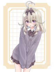 1girl :o absurdres alternate_costume antenna_hair black_bow black_bowtie blush border bow bowtie cardigan commentary_request cowboy_shot grey_cardigan grey_hair hair_intakes highres looking_at_viewer medium_hair meitantei_precure! moria_luluka moria_luluka_(civilian) open_mouth outline own_hands_together precure sidelocks simple_background sizuki_haru solo v_arms violet_eyes watermark white_outline yellow_border