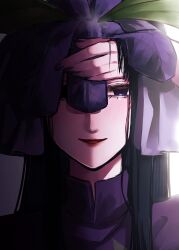  1girl absurdres black_hair black_nails blush closed_mouth commentary_request dress green_dress hair_ornament highres leaf_hair_ornament long_hair looking_at_viewer multicolored_dress nail_polish purple_dress solo takana_(forsterite) touhou very_long_hair violet_eyes yomotsu_hisami 