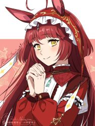  1girl ahoge animal_ears blunt_bangs blunt_ends blunt_sidelocks blush character_name closed_mouth dress frilled_hairband frills hair_between_eyes hairband horse_ears horse_girl long_hair long_sleeves looking_at_viewer nakajima_shiki own_hands_clasped own_hands_together red_desire_(divine_raiment)_(umamusume) red_desire_(umamusume) red_dress red_hair red_hairband red_headdress red_veil sidelocks smile solo star_ornament umamusume upper_body veil yellow_eyes 
