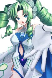  1girl absurdres antenna_hair blue_dress boots breasts closed_mouth clothing_cutout commentary_request detached_sleeves dress drill_hair duel_masters duel_masters_play's emperor_kiriko_(duel_masters) energy_ring flower gloves green_hair grey_gloves hair_flower hair_ornament highres kiriko_(duel_masters) long_hair looking_at_viewer mekuri_neru multicolored_dress open_mouth parted_bangs reaching reaching_towards_viewer simple_background solo stomach_cutout twin_drills very_long_hair white_background white_dress white_flower white_gloves 
