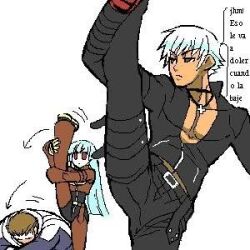  1girl 2boys artist_name black_eyes blue_hair flexible gloves jacket jewelry k'_(kof) kula_diamond leather leather_jacket leg_up lowres maxima multiple_boys muscular muscular_male necklace open_clothes open_jacket red_eyes red_gloves white_hair yellow_gloves 
