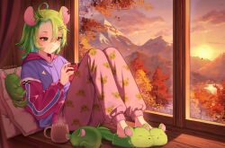  1girl ahoge animal_ears animal_slippers ashton_marten_(vtuber) autumn autumn_leaves chinchilla_(animal) chinchilla_ears chinchilla_girl chinchilla_tail commentary english_commentary evening green_eyes green_hair highres hood hoodie indie_virtual_youtuber leaf nintendo_switch_2 niomu pillow short_hair sitting slippers solo virtual_youtuber window 