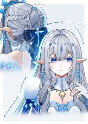  1girl absurdres anastasya_feodorovna_snezhnaya blue_eyes blue_gem braid breasts check_commentary closed_mouth commentary_request earrings gem genshin_impact grey_hair hair_between_eyes hand_in_own_hair hand_up highres jewelry long_hair medium_breasts multiple_views pointy_ears simple_background symbol_in_eye translation_request upper_body usako_(usako1031) white_background yellow_gem 