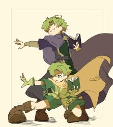  2boys book brothers cape commentary fingerless_gloves fire_emblem fire_emblem:_the_binding_blade full_body gloves green_eyes green_gloves green_hair grin hatching_(texture) highres holding holding_book linear_hatching lugh_(fire_emblem) male_focus multiple_boys outstretched_arm purple_cape raigh_(fire_emblem) robe short_hair shyam_rush siblings simple_background smile twins yellow_cape 