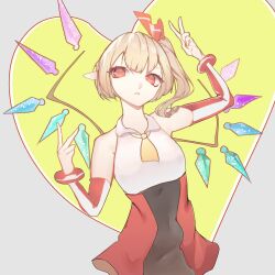  1girl absurdres alternate_costume black_dress blonde_hair bow commentary crystal_wings ddenkikurage detached_sleeves double_v dress flandre_scarlet grey_background hair_bow heart highres looking_at_viewer multicolored_dress necktie red_bow red_dress red_eyes short_necktie side_ponytail sleeveless sleeveless_dress solo touhou v white_dress wings yellow_necktie 