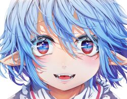  1girl blue_hair blush collared_shirt commentary_request frilled_shirt_collar frills hair_between_eyes highres looking_at_viewer missing_headwear nuru_himmel open_mouth pointy_ears portrait red_eyes remilia_scarlet shirt simple_background solo teeth touhou white_background white_shirt 
